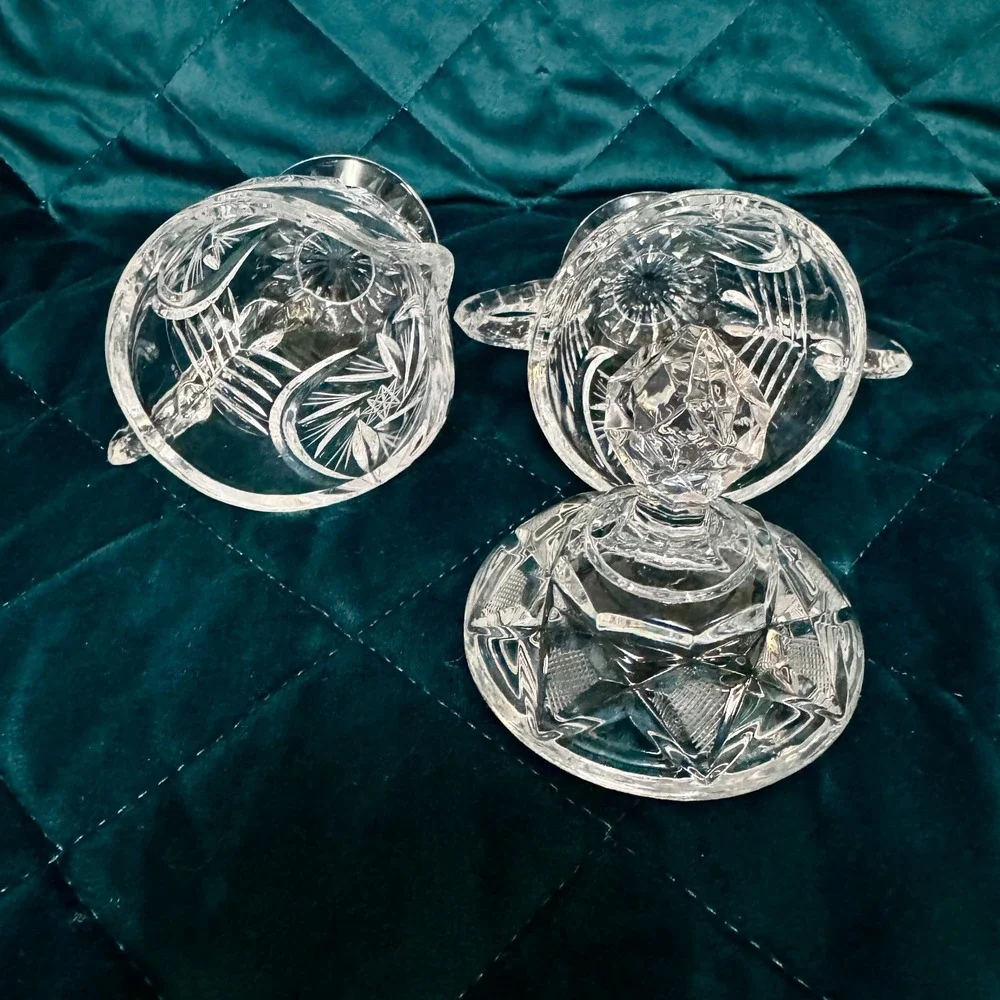 Vintage Cut Glass Creamer & Sugar Set w/ Lid Starburst‎ Pattern Pedestal Footed